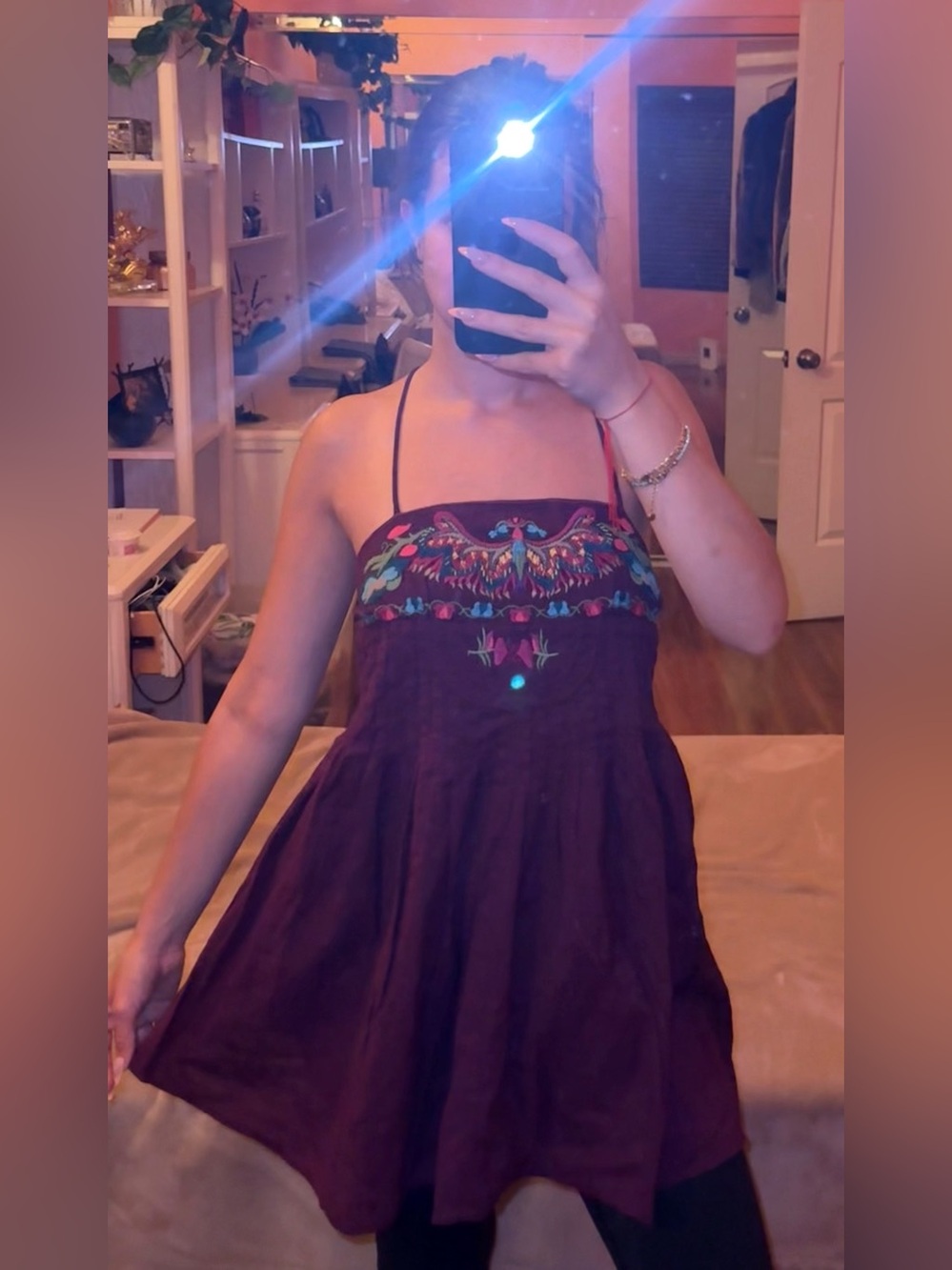 Plum Embroidered Spaghetti-Strap Tunic
